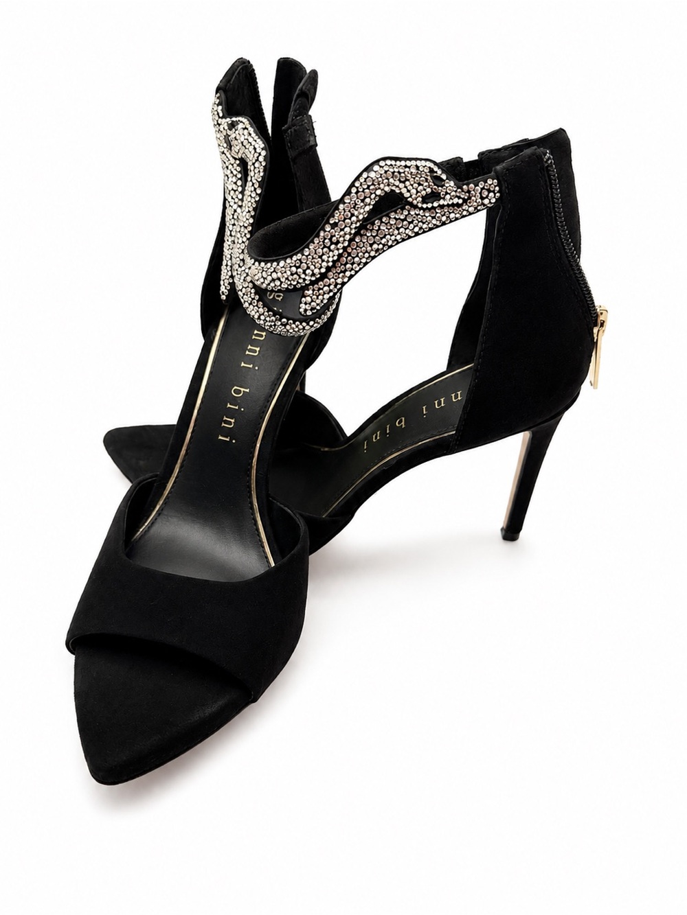 Embellished Black Suede Ankle-Strap Stiletto Heels by Mini Bini